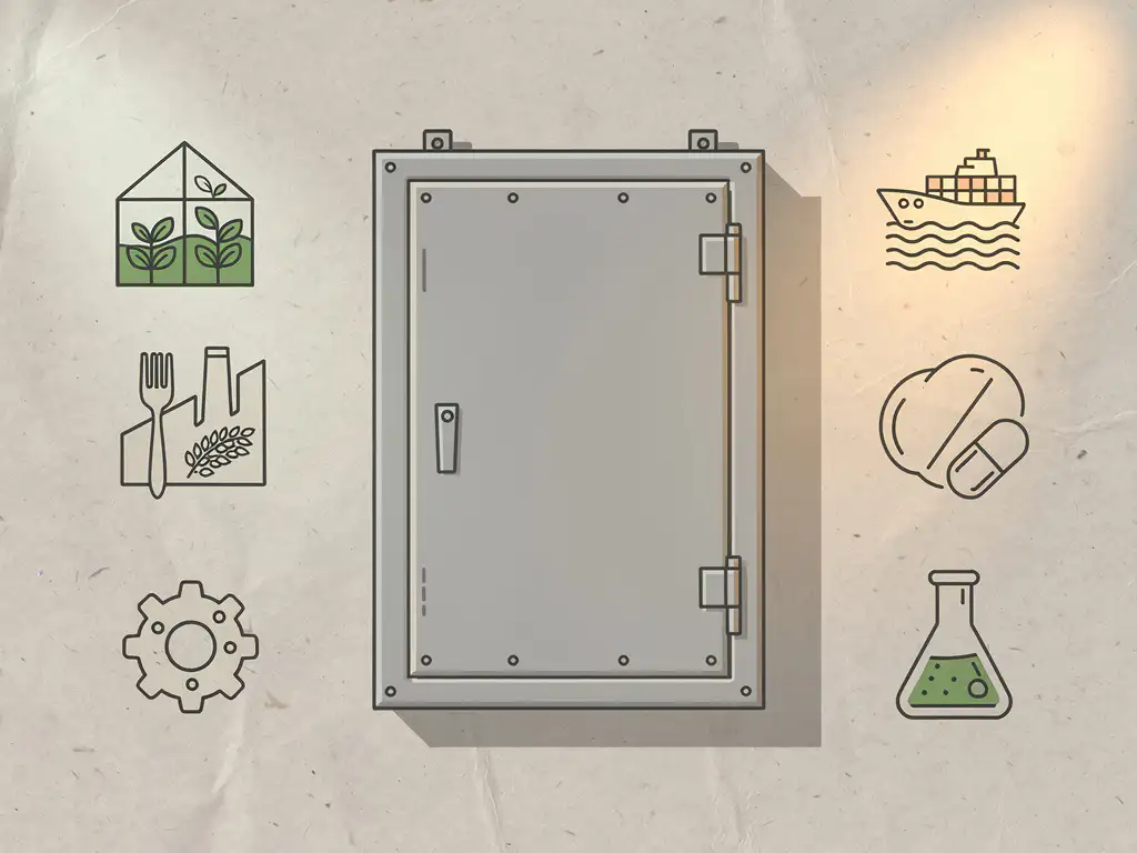 Industriële grijze metalen schakelkast aan fabriekssmuur, omgeven door iconen van landbouw, voeding, maritiem, machinebouw en farmacie.