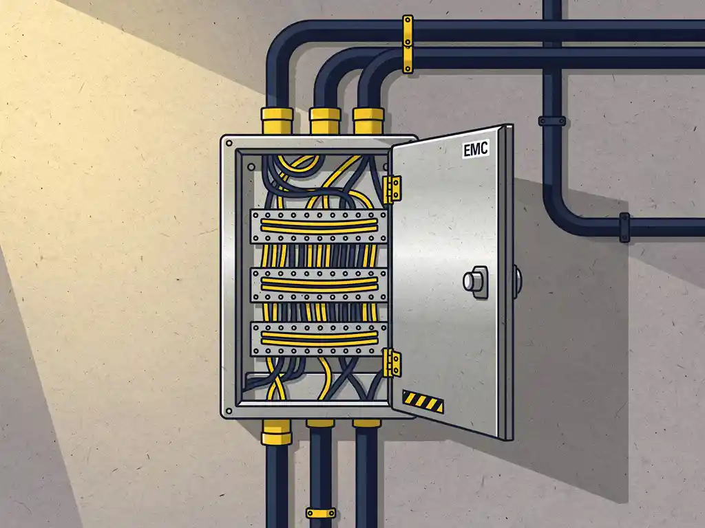 EMC industriële wandkast in staalgrijs met licht geopende deur, zichtbaar kabelmanagement en metalen afscherming, fabrieksomgeving.