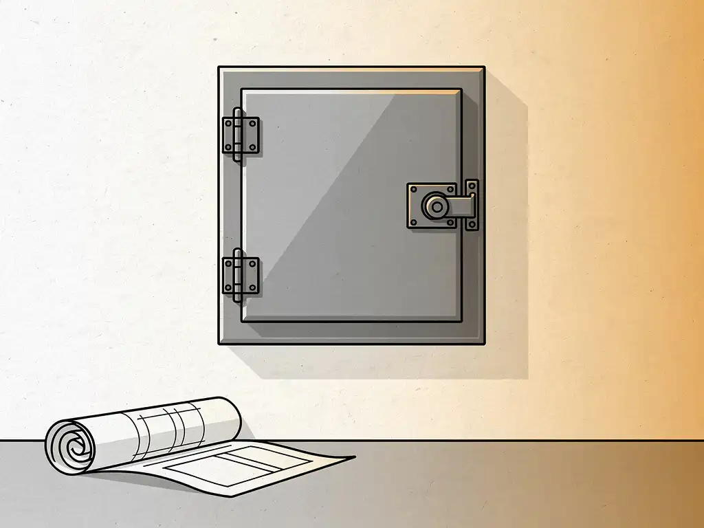 Grijze metalen industriële wandkast met scharnieren en vergrendeling, naast een opgerolde technische tekening op een werkplaatsmuur.