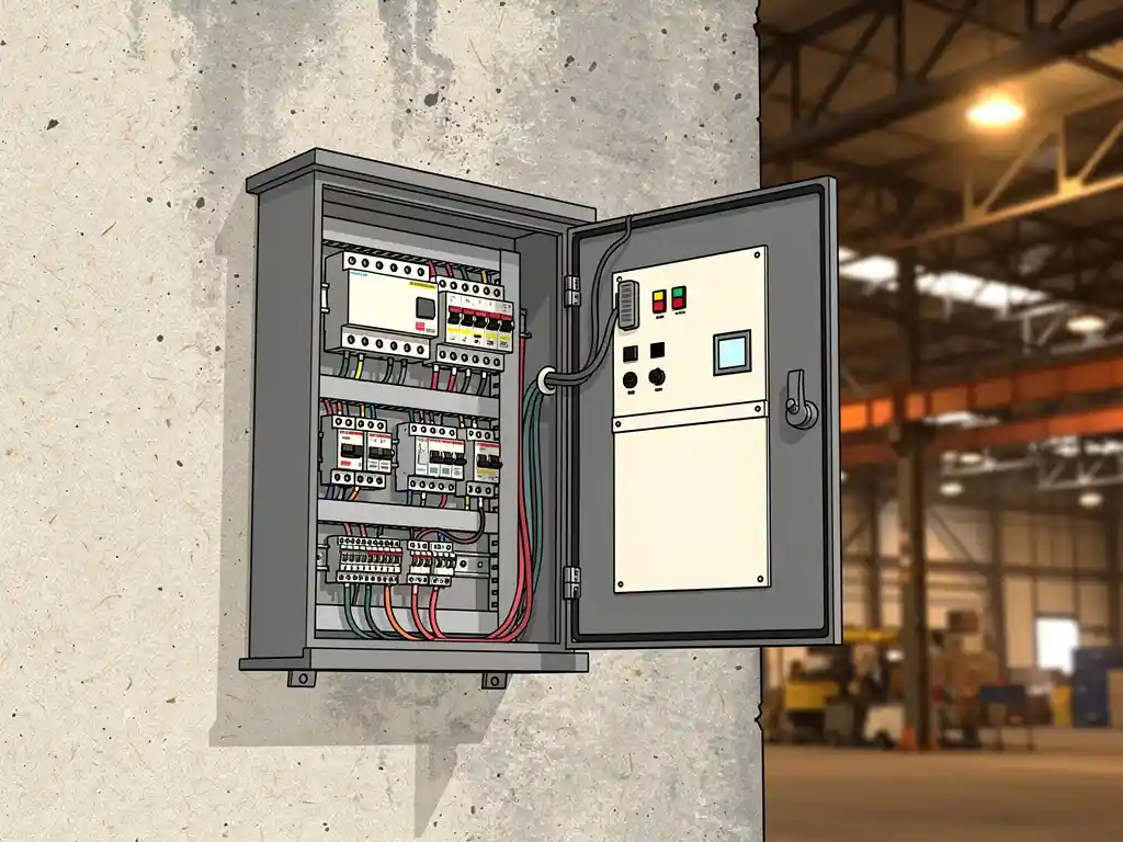 Grijze industriële wandkast met elektrische componenten op betonnen fabrieksmuur, stalen balken op de achtergrond.