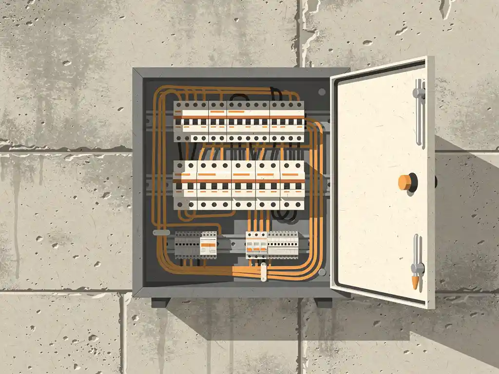 Grijze industriële wandkast met elektrische componenten, gemonteerd op een betonnen fabrieksmuur.