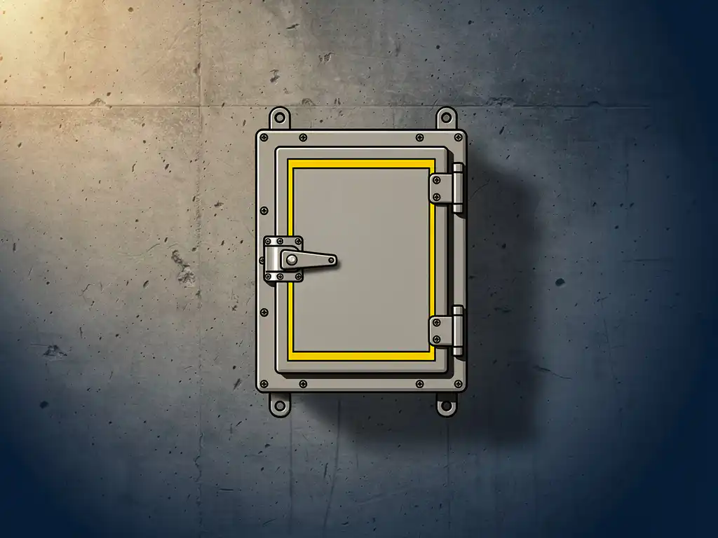 Grijze industriële wandkast met gele accenten, bevestigd aan betonnen fabriekssmuur met zichtbare deurgreep en montageflenzen.