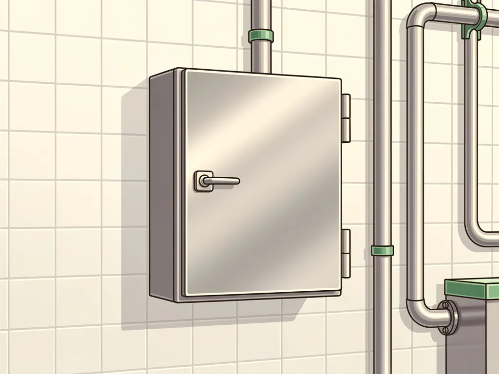 Roestvrijstalen industriële behuizing op een hygiënische fabrieksomgeving met tegelmuren en sanitaire fittingen.