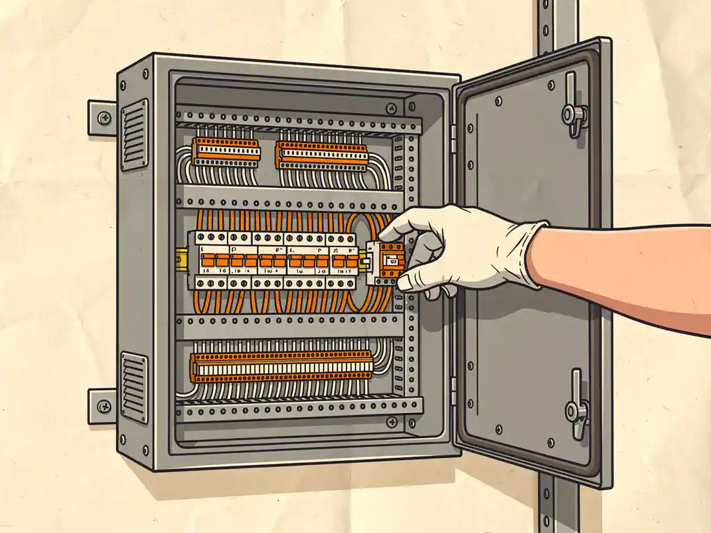 Geopende industriële schakelkast met DIN-rails, klemmenblokken en kabelkanalen, terwijl een technicus een component installeert.