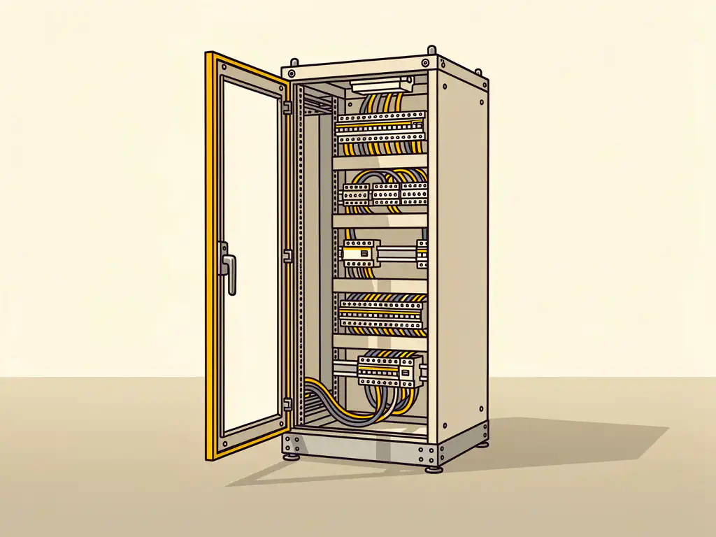 Industriële staande schakelkast met geopende deur, waarachter kabelgoten en DIN-rails zichtbaar zijn, op een fabriekshal vloer.