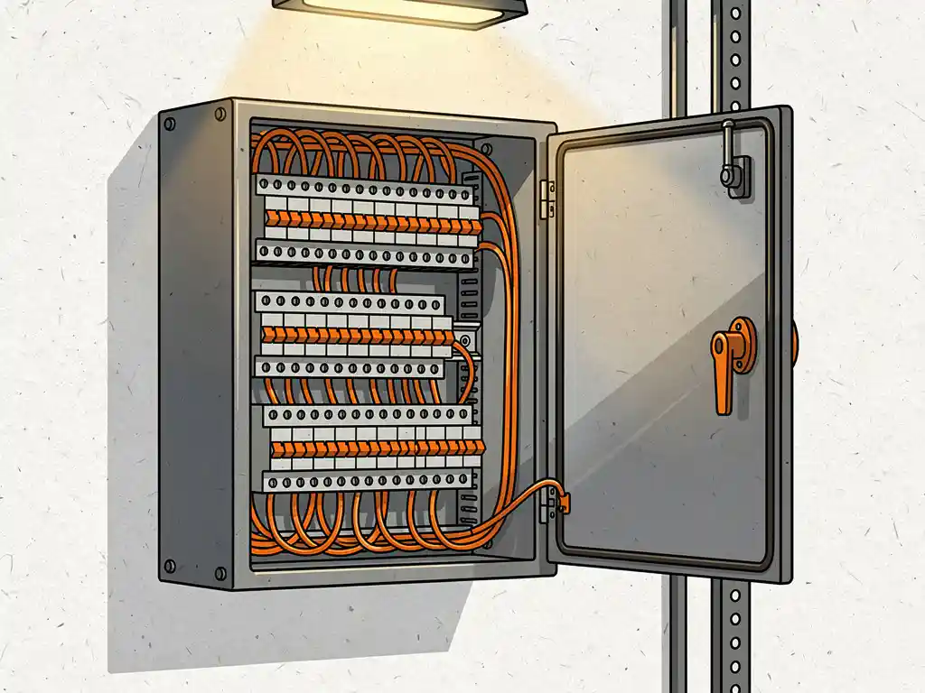 Geopende industriële schakelkast met DIN-rails, bedrading en installatieautomaten, geïllustreerd in staalgrijs en warm oranje.