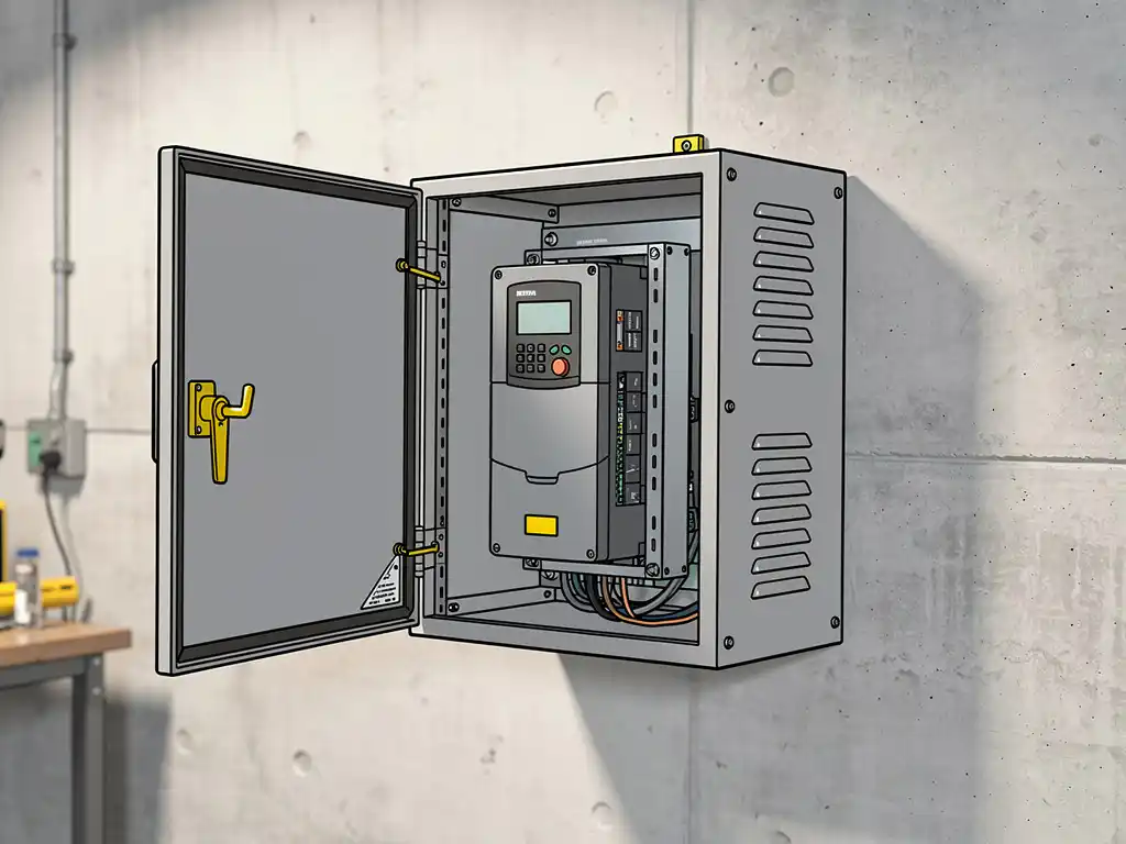 Grijze stalen industriële schakelkast aan fabriekssmuur met ventilatiesleuven en gedeeltelijk geïnstalleerde frequentieregelaar.
