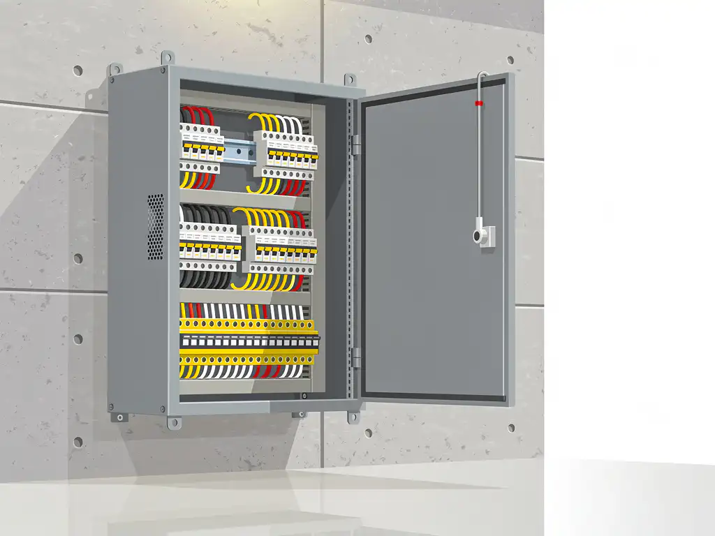 Grijze stalen industriële schakelkast aan fabriekssmuur, deur op een kier met zichtbare DIN-rail componenten en bedrading.