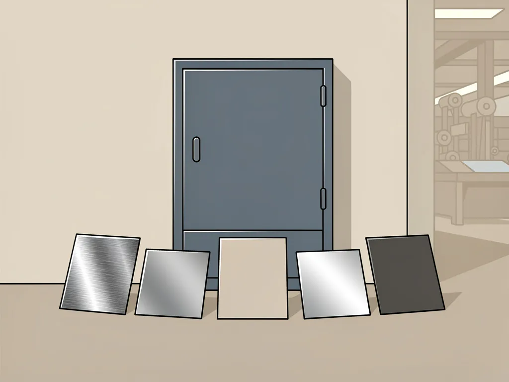 Industriële wandkast in fabrieksomgeving, omringd door materiaalstalen: geborsteld rvs, grijs plaatmetaal, mat plastic, aluminium en gepoedercoat staal.